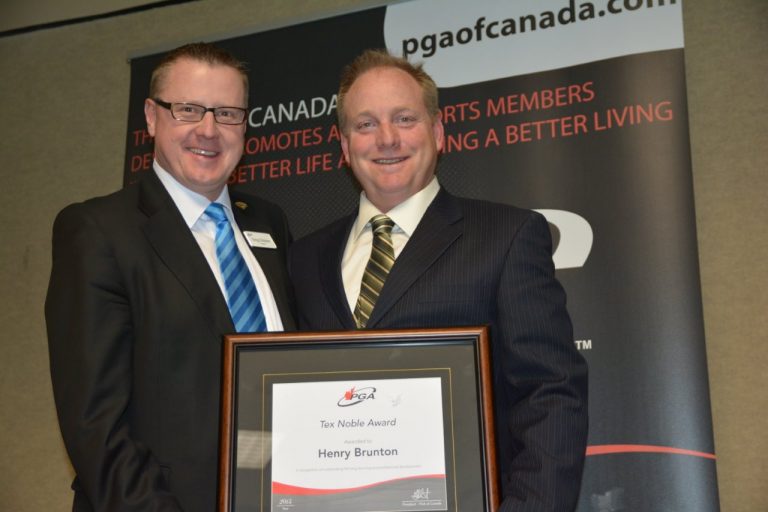 Henry Brunton wins Professional Development Award for 2013 Henry Brunton receiving the Tex Noble Award from PGA of Canada President Gregg Schubert